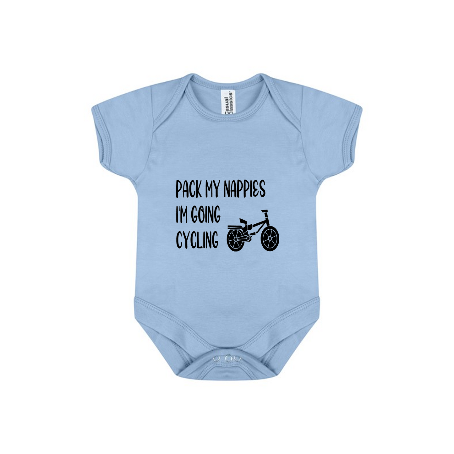 Baby Bodysuit Vest In White, Pink Or Blue With Pack My Nappies I'm Going Cycling (Personalisation Available) | Personalised Baby Clothing UK