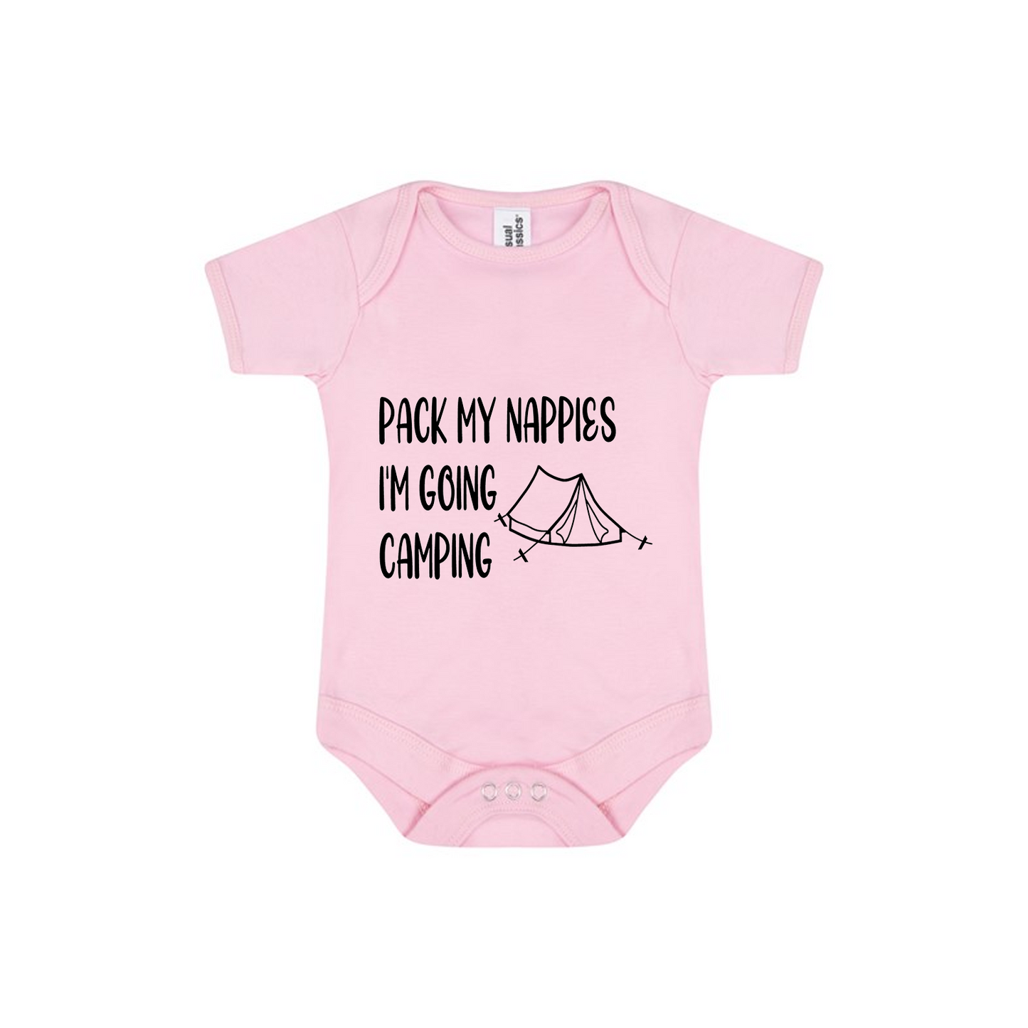 Baby Bodysuit Vest In White, Pink Or Blue With Pack My Nappies I'm Going Camping (Personalisation Available)