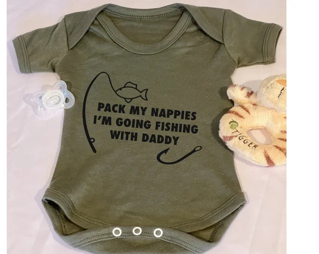 Baby Bodysuit Vest With Pack My Nappies I'm Going Fishing With Daddy (hook and rod) Logo