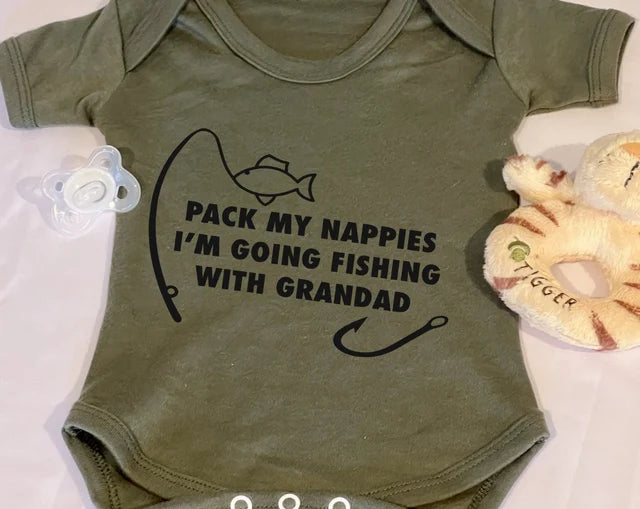 Baby Bodysuit Vest With Pack My Nappies I'm Going Fishing With Grandad (hook and rod) Logo