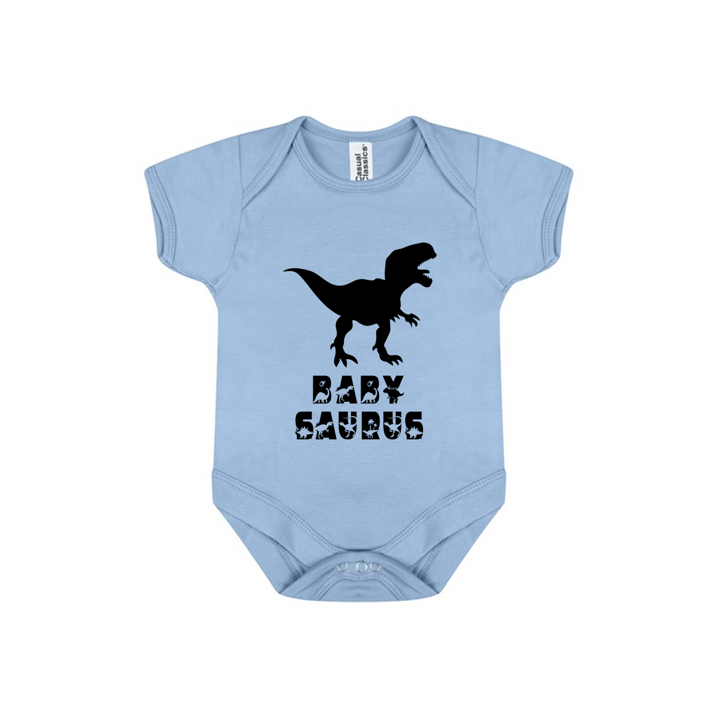 Baby Bodysuit Vest In White, Pink Or Blue With Baby Saurus In Cute Dino Text