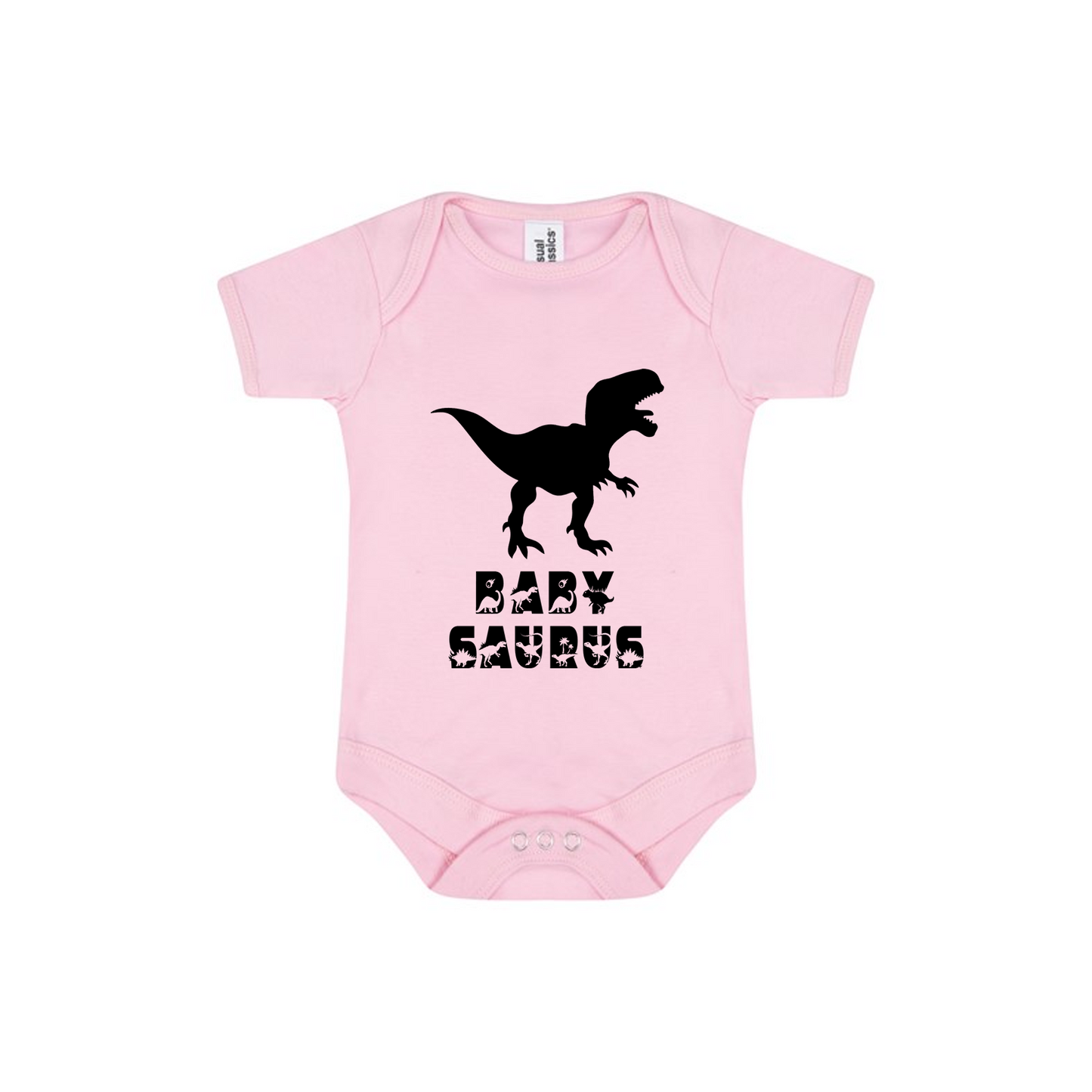 Baby Bodysuit Vest In White, Pink Or Blue With Baby Saurus In Cute Dino Text