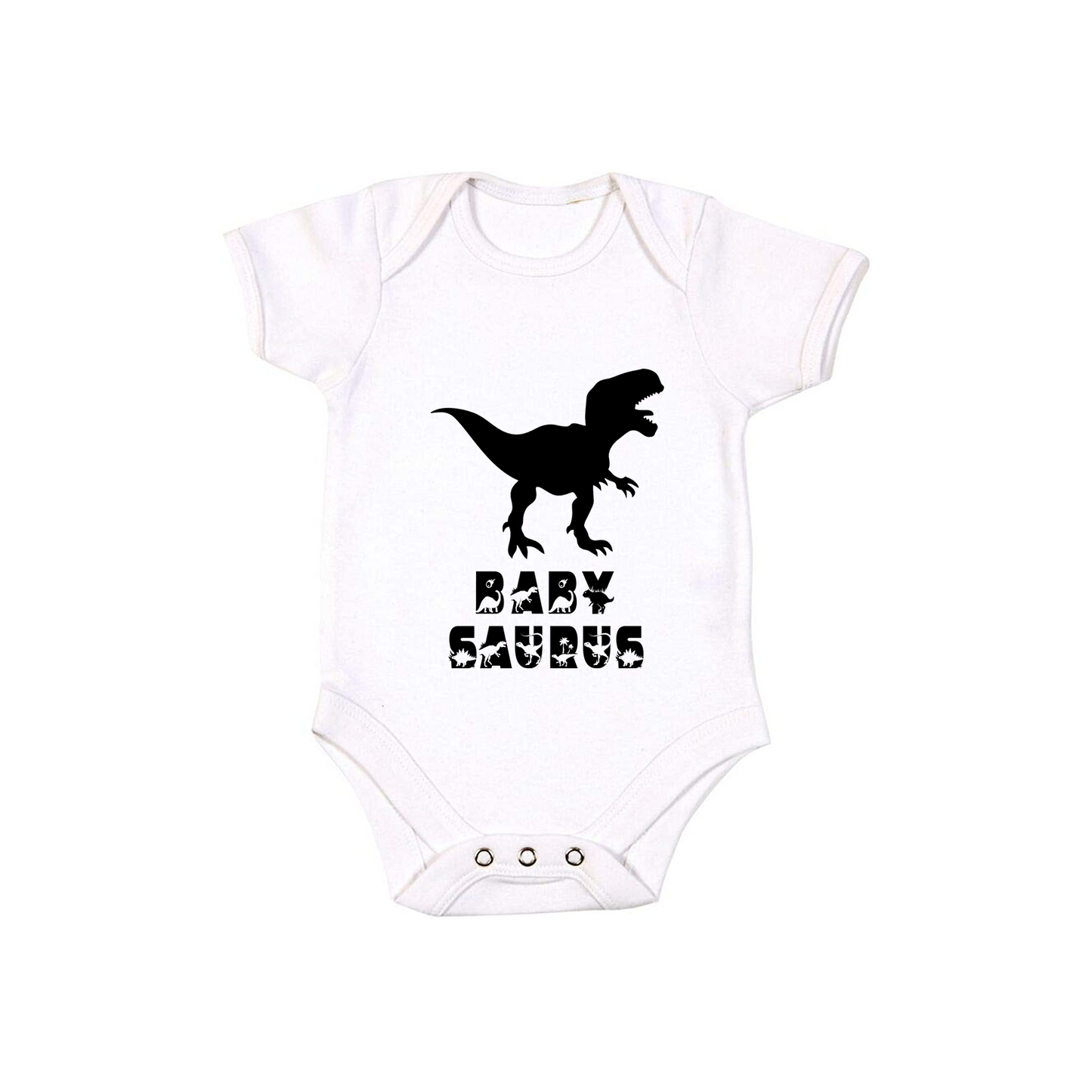 Baby Bodysuit Vest In White, Pink Or Blue With Baby Saurus In Cute Dino Text