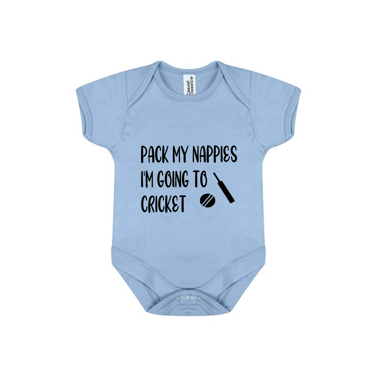 Baby Bodysuit Vest In White, Pink Or Blue With Pack My Nappies I'm Going To Cricket (Personalisation Available)