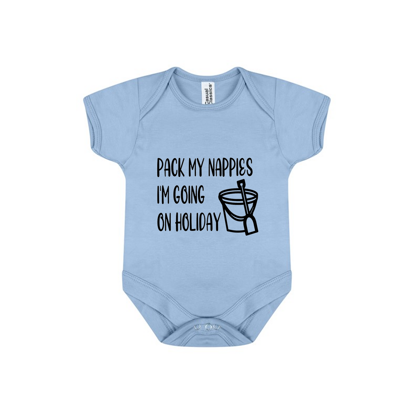 Baby Bodysuit Vest In White, Pink Or Blue With Pack My Nappies I'm Going On Holiday (Personalisation Available)