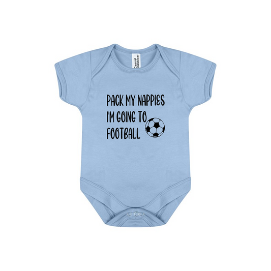 Baby Bodysuit Vest In White, Pink Or Blue With Pack My Nappies I'm Going To Football (Personalisation Available)