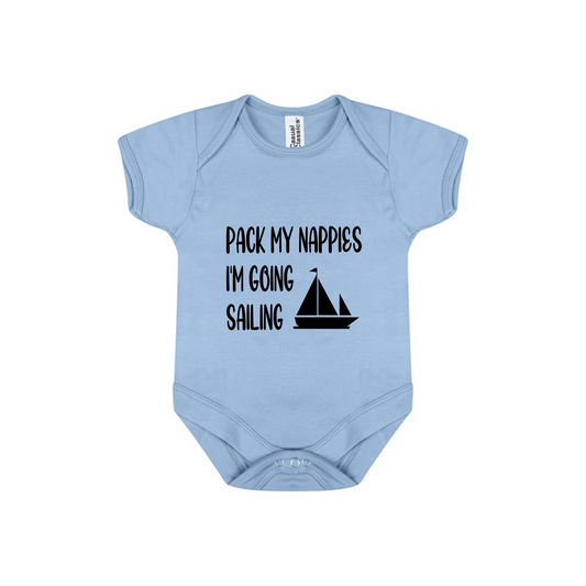 Baby Bodysuit Vest In White, Pink Or Blue With Pack My Nappies Im Going Sailing (Personalisation Available)