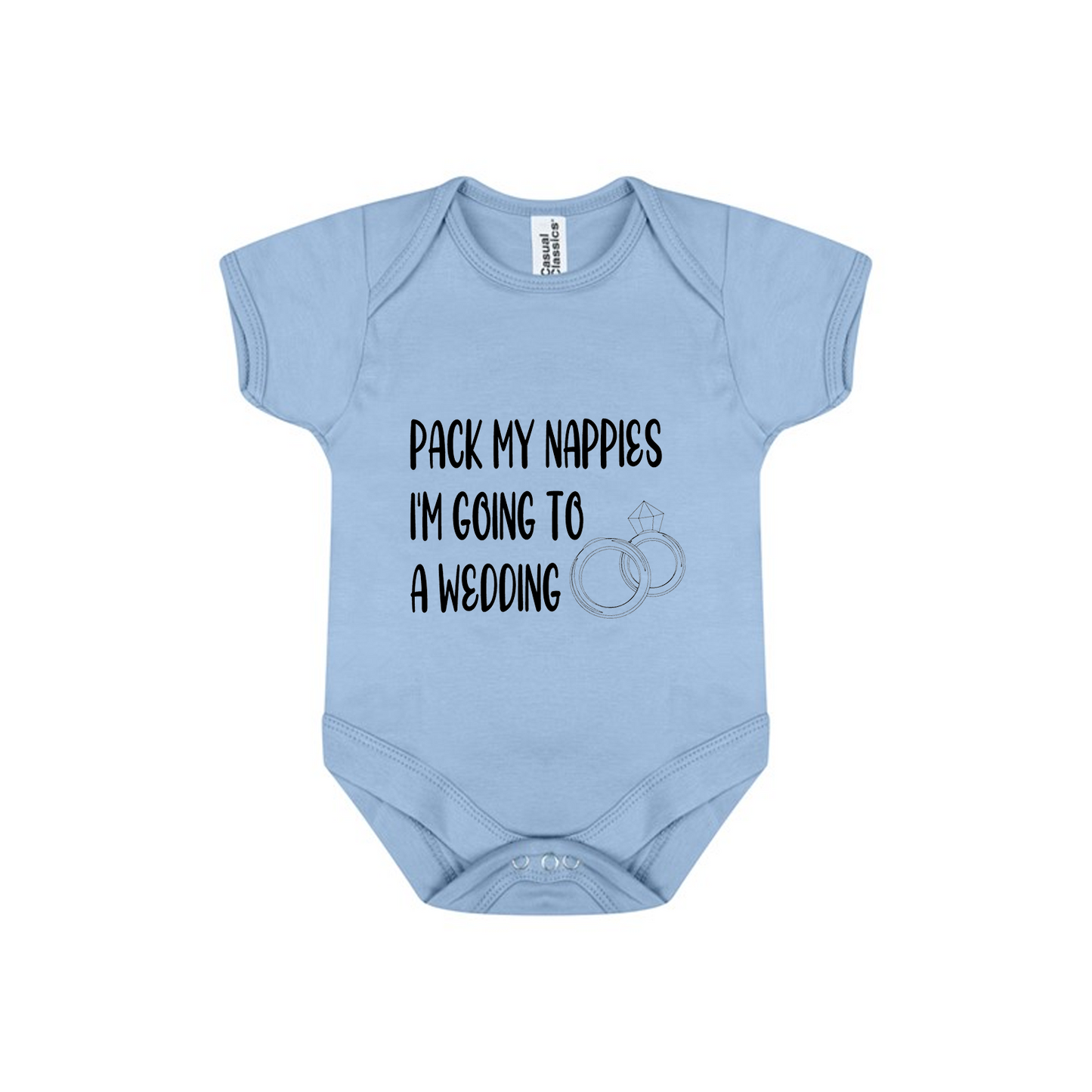 Baby Bodysuit Vest In White, Pink Or Blue With Pack My Nappies I'm Going To A Wedding (Personalisation Available)