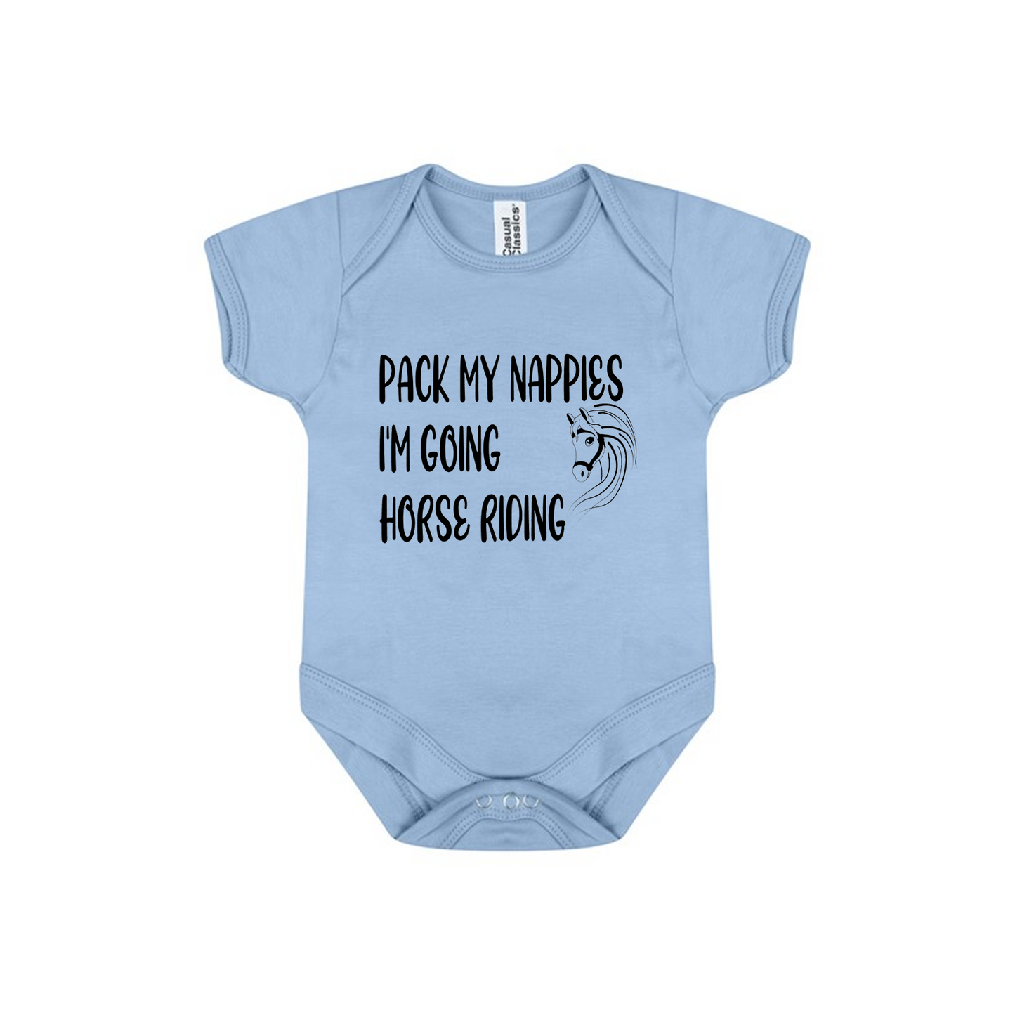 Baby Bodysuit Vest In White, Pink Or Blue With Pack My Nappies I'm Going Horse Riding (Personalisation Available)