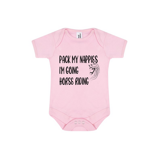 Baby Bodysuit Vest In White, Pink Or Blue With Pack My Nappies I'm Going Horse Riding (Personalisation Available)