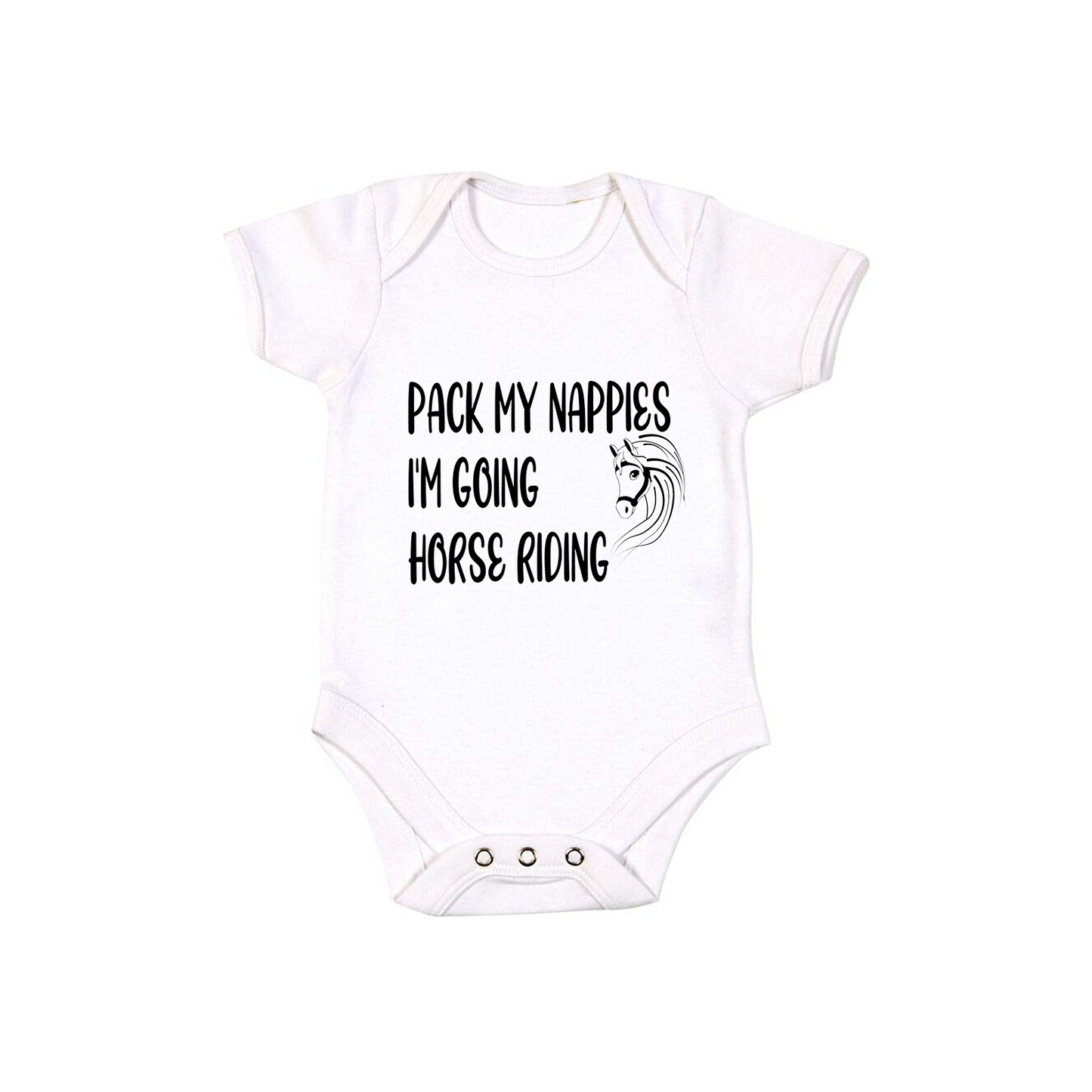 Baby Bodysuit Vest In White, Pink Or Blue With Pack My Nappies I'm Going Horse Riding (Personalisation Available)