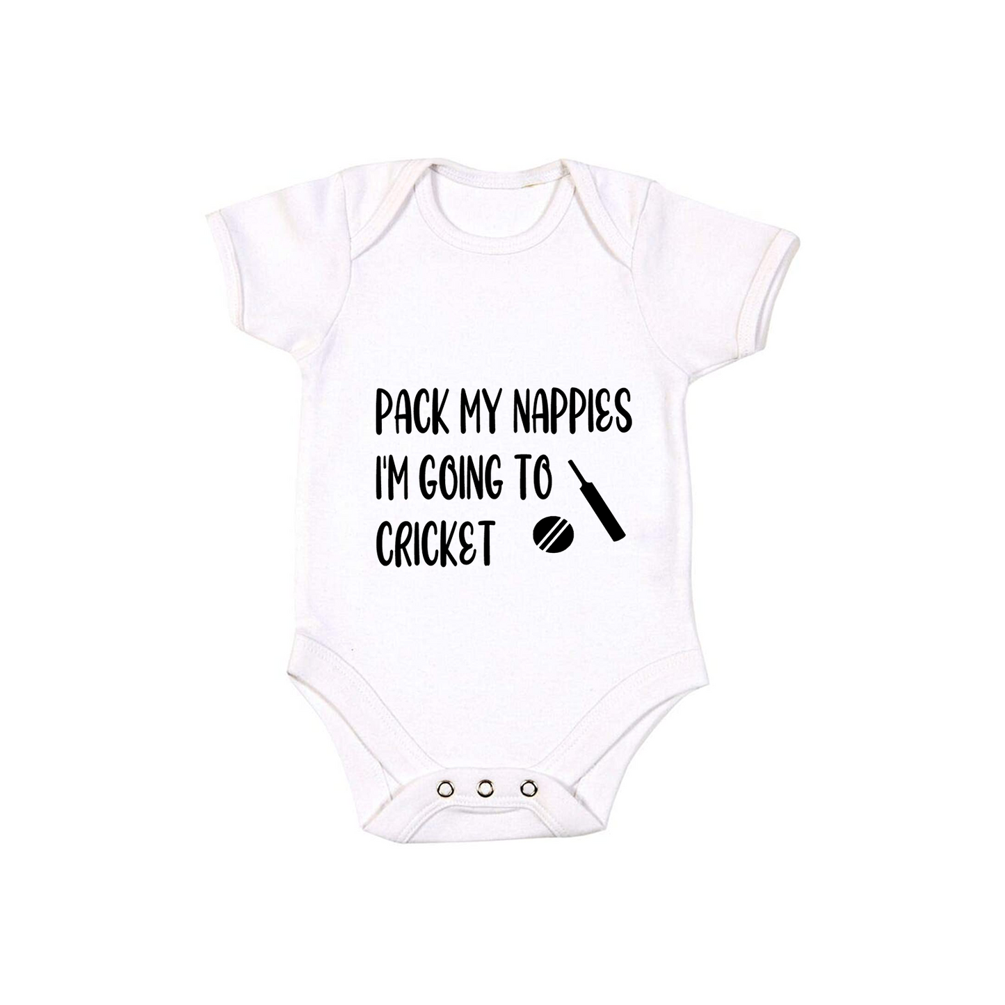 Baby Bodysuit Vest In White, Pink Or Blue With Pack My Nappies I'm Going To Cricket (Personalisation Available)