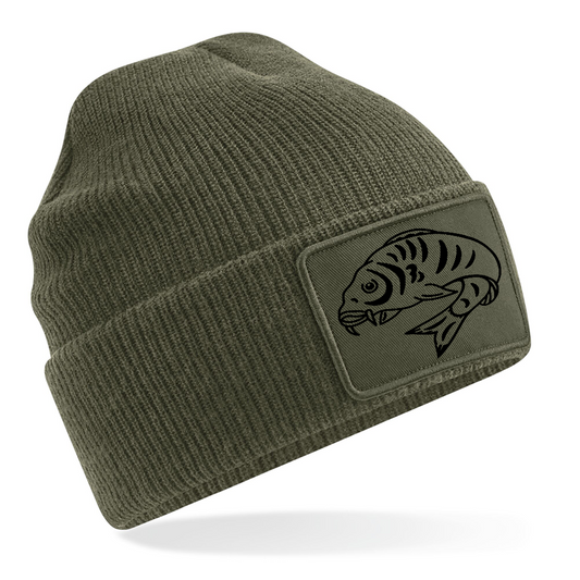 Fishing Beanie With Curled Carp Fish Logo