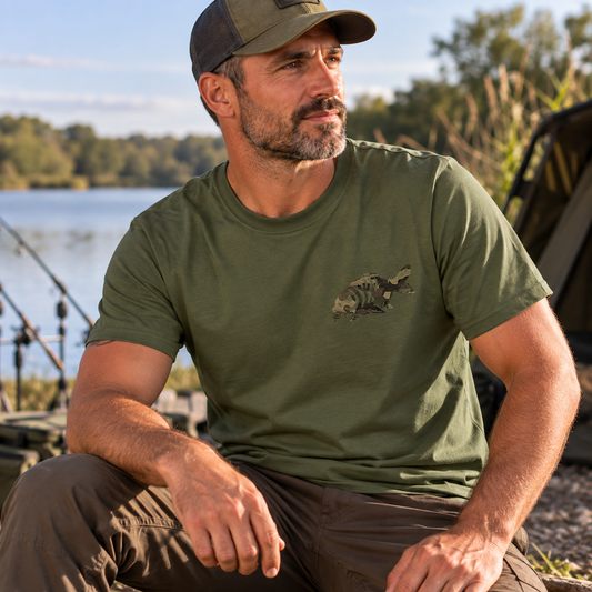 Model wearing Camouflage Carp Fishing T-Shirt with small fish design