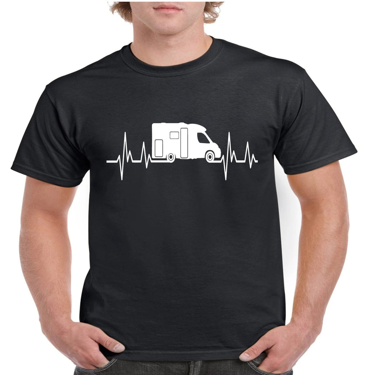 Crazydecals black crew neck t-shirt featuring a white motorhome heartbeat graphic print on the chest.