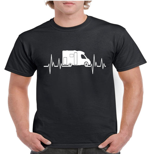 Crazydecals black crew neck t-shirt featuring a white motorhome heartbeat graphic print on the chest.