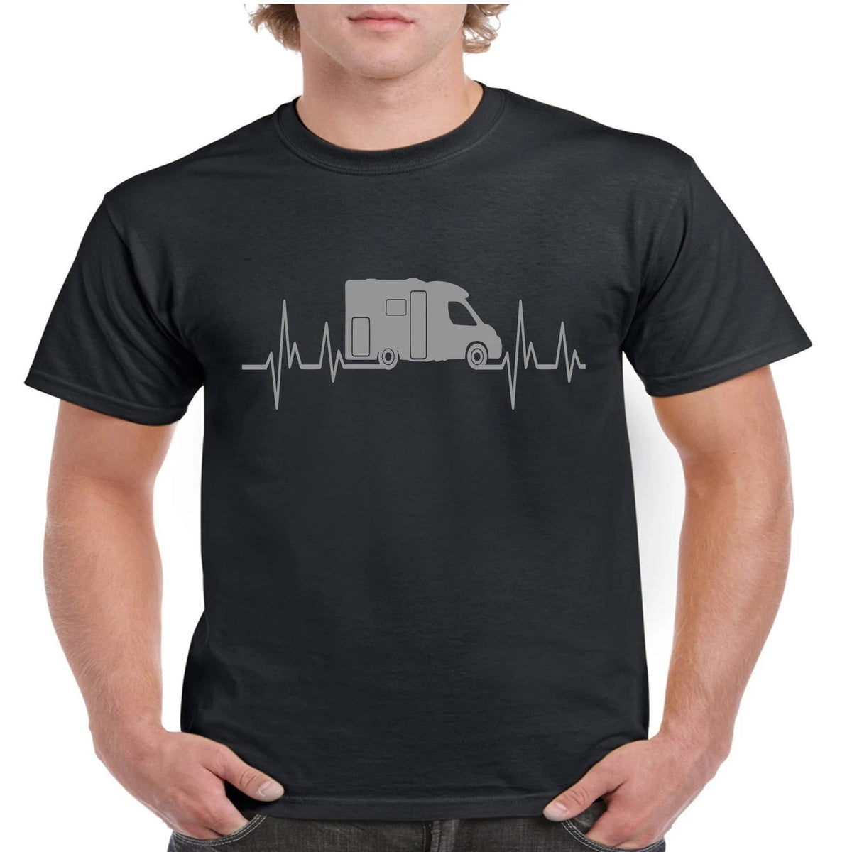 Crazydecals black crew neck t-shirt featuring a grey motorhome heartbeat graphic print worn by a man