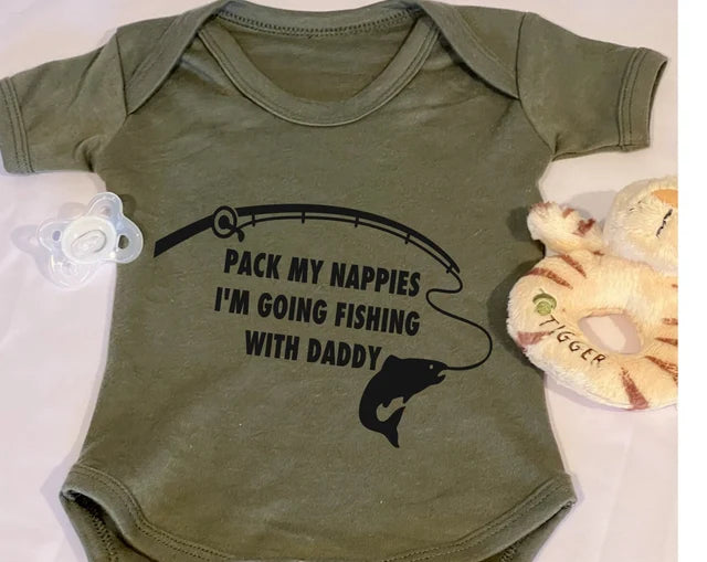 Baby Bodysuit Vest With Pack My Nappies Im Going Fishing With Daddy Logo