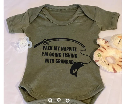 Baby Bodysuit Vest With Pack My Nappies I'm Going Fishing With Grandad Logo