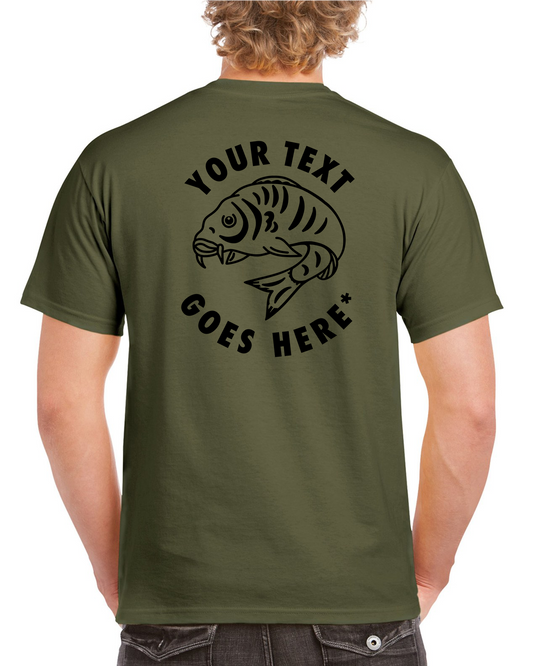 Personalised Front & Rear Fishing T Shirt With Large Curled Carp Fish