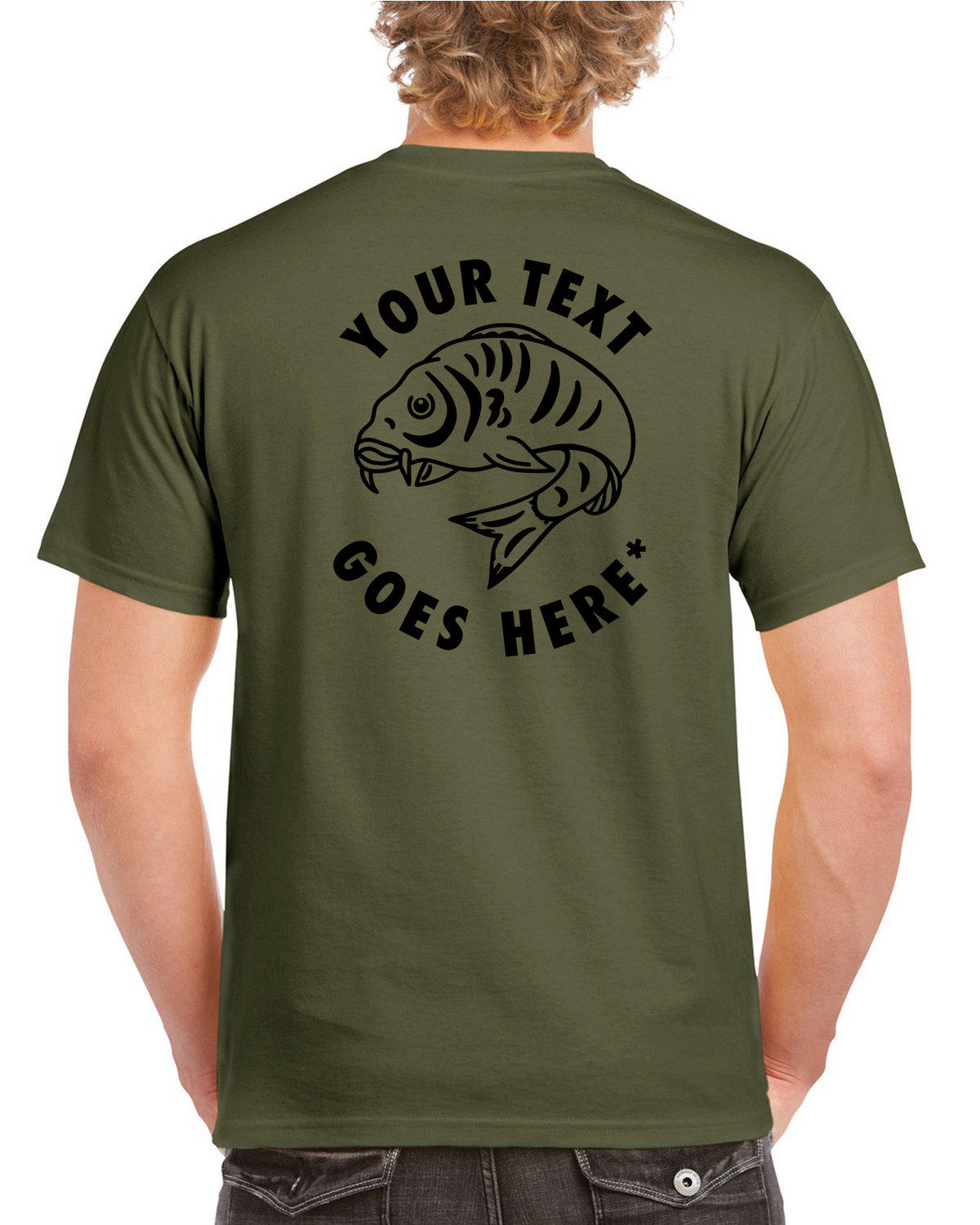 Personalised Front & Rear Fishing T Shirt With Large Curled Carp Fish | Personalised Fishing Hoodie & T-Shirt UK