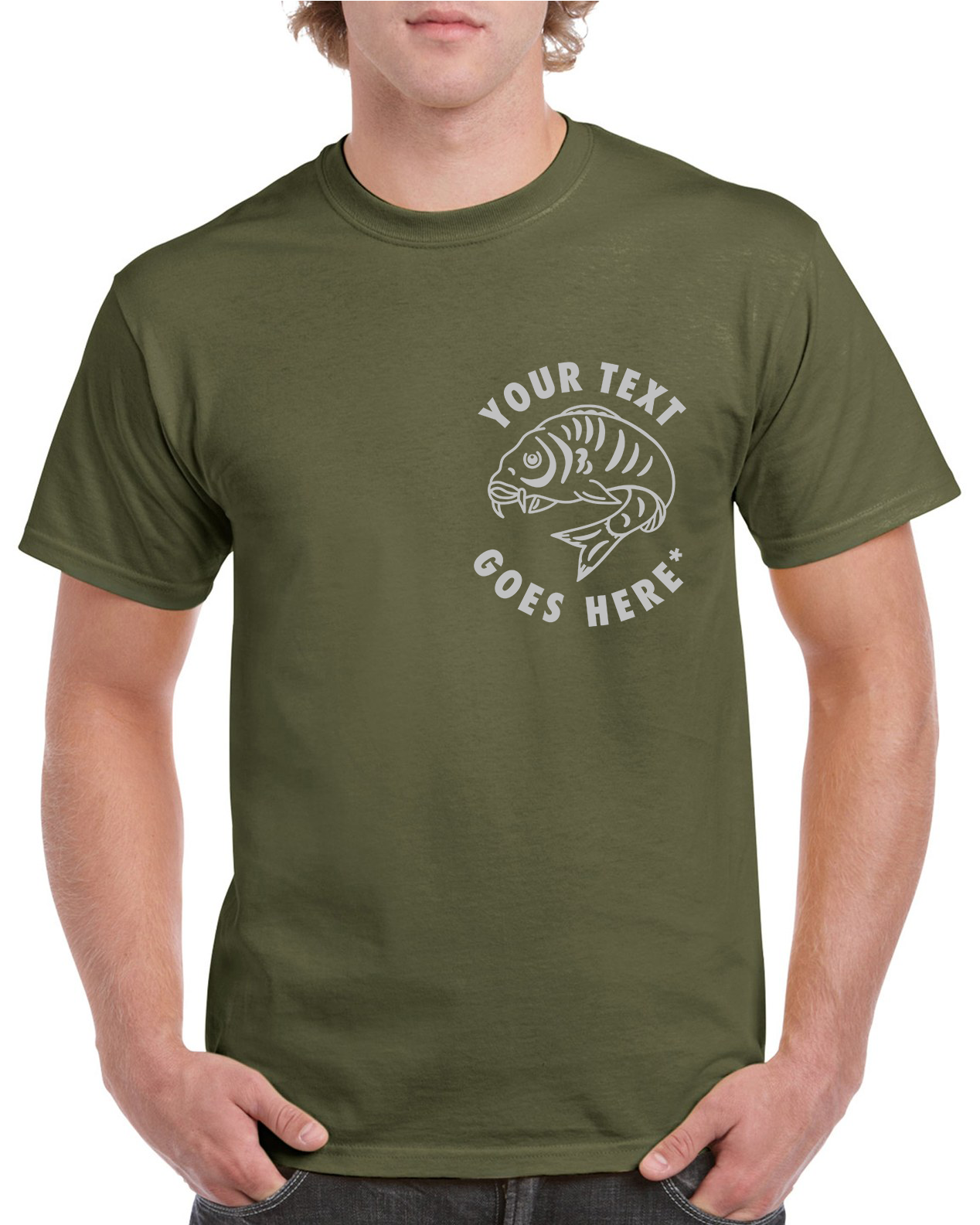 Personalised Fishing T Shirt With Small Curled Carp Fish