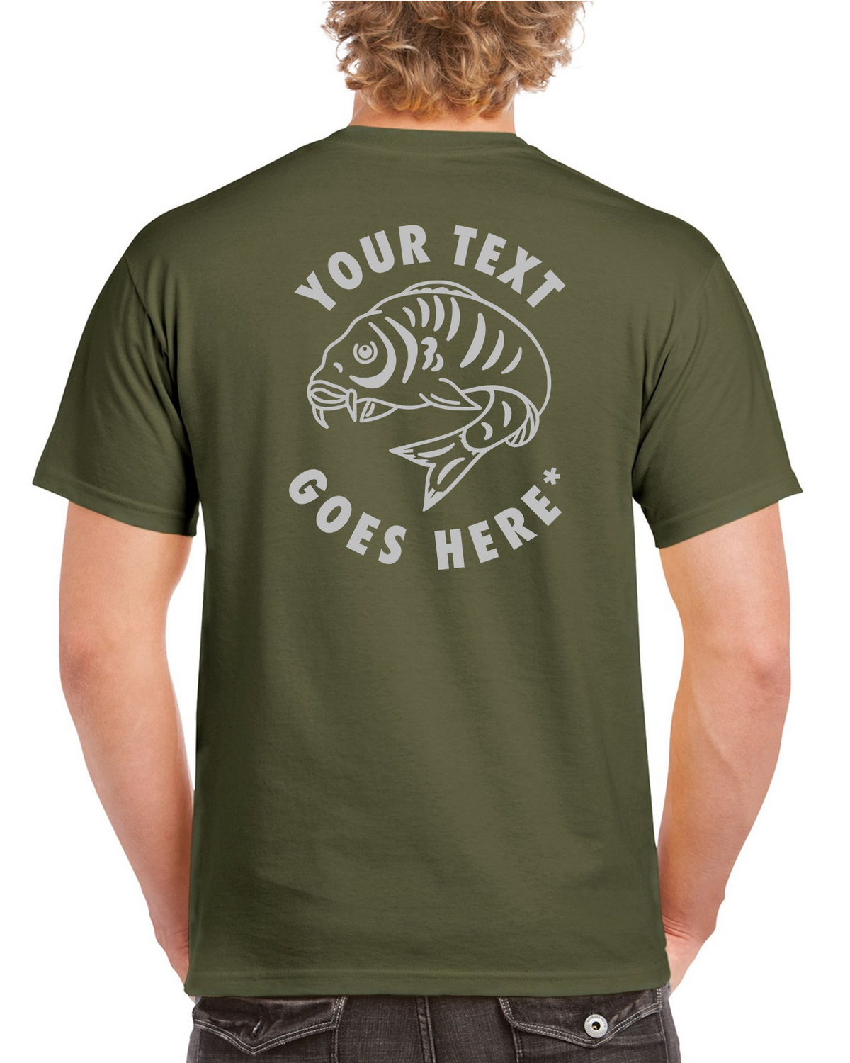 Personalised Front & Rear Fishing T Shirt With Large Curled Carp Fish | Personalised Fishing Hoodie & T-Shirt UK