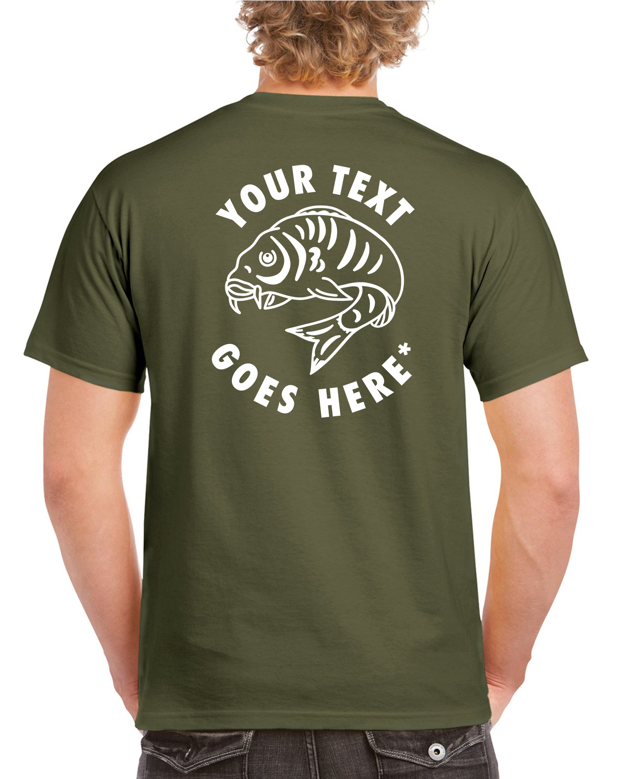 Personalised Front & Rear Fishing T Shirt With Large Curled Carp Fish