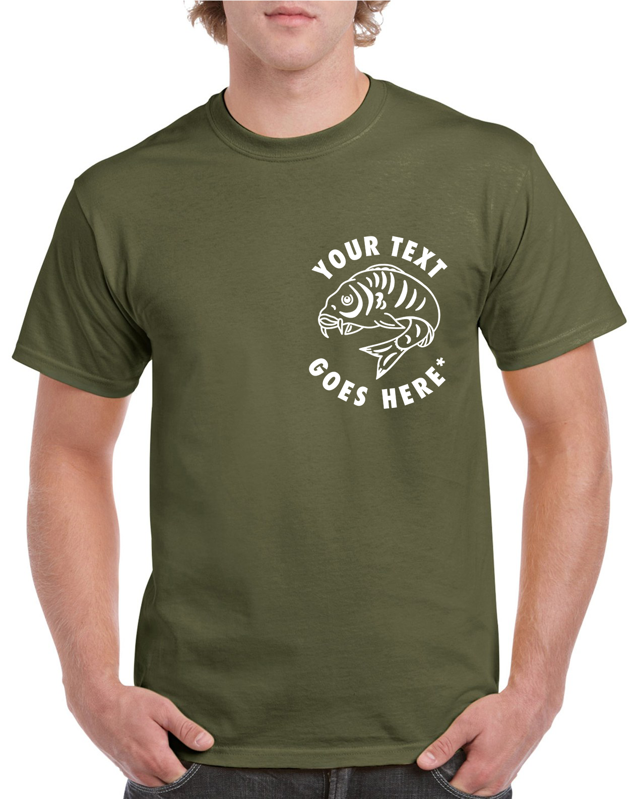 Personalised Fishing T Shirt With Small Curled Carp Fish